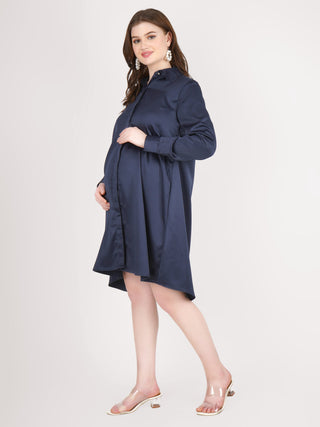 Navy Blue Satin Shirt - Luxury Maternity Dress