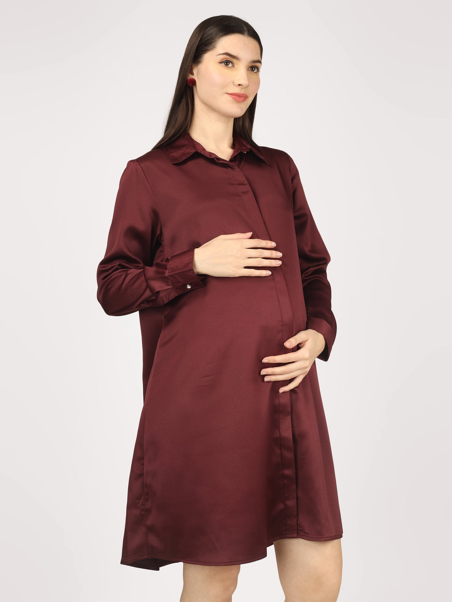 Burgundy Satin Shirt - Luxury Maternity Dress