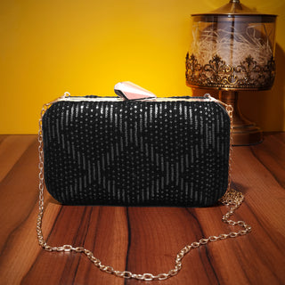 Black Embroidery Rectangular Party Clutch with Silver sequins