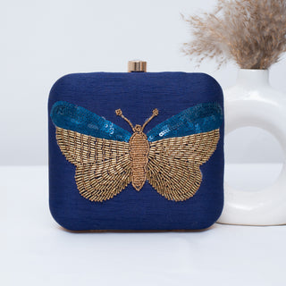 Dark Blue Embroidered Work Art Silk Clutch