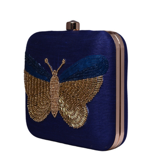 Dark Blue Embroidered Work Art Silk Clutch