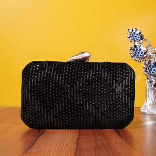 Black Embroidery Rectangular Party Clutch with Silver sequins