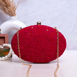 Red Chikankari Oval Clutch