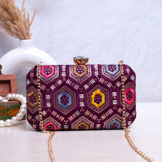 Wine Rectangle Sequins Embroidered Clutch