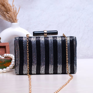 Black and Silver Sequins Fabric Party Clutch