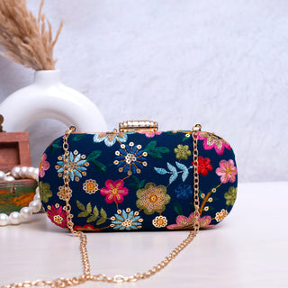 Royal Bue Floral Embroidered Capsule Clutch