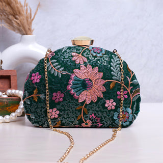 Marine Green Embroidered Half Moon Clutch