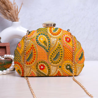 Yellow Sequins Embroidered Half Moon Clutch