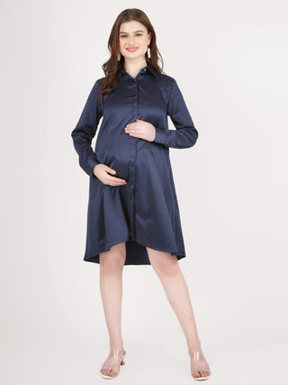 Navy Blue Satin Shirt - Luxury Maternity Dress