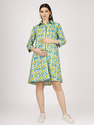 Pom Pom White and Blue Printed Cotton Maternity Shirt Dress