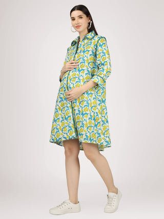 Pom Pom White and Blue Printed Cotton Maternity Shirt Dress