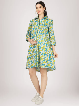 Pom Pom White and Blue Printed Cotton Maternity Shirt Dress