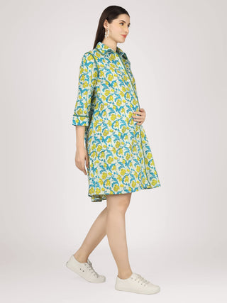 Pom Pom White and Blue Printed Cotton Maternity Shirt Dress