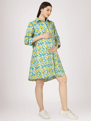 Pom Pom White and Blue Printed Cotton Maternity Shirt Dress