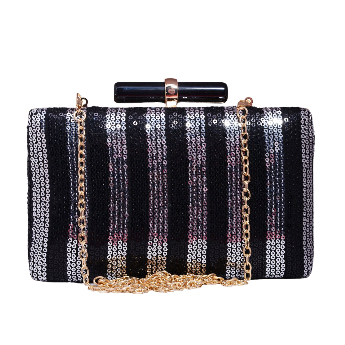 Black and Silver Sequins Fabric Party Clutch