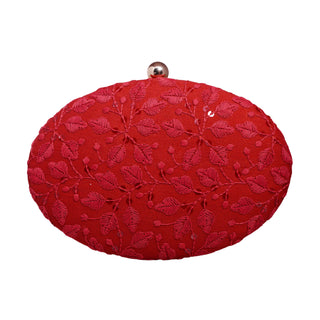 Red Chikankari Oval Clutch