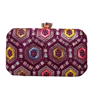 Wine Rectangle Sequins Embroidered Clutch