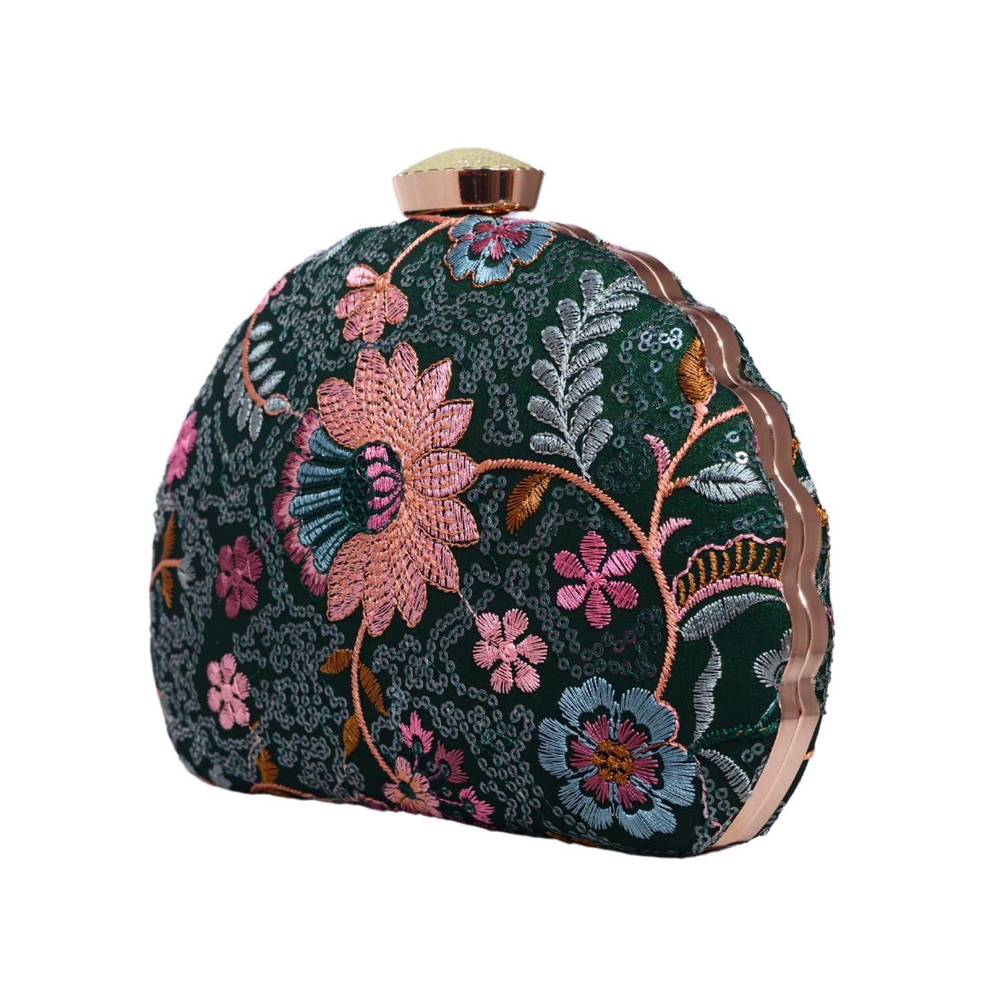 Marine Green Embroidered Half Moon Clutch